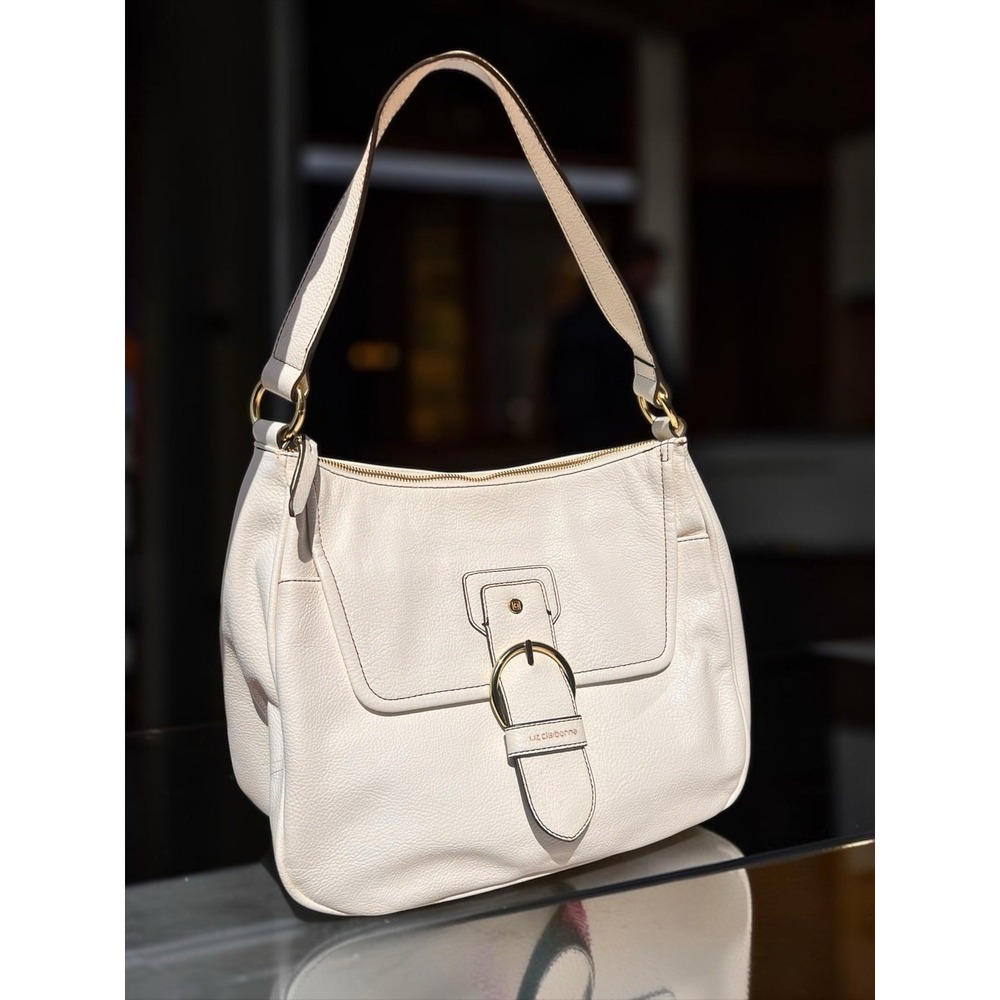 Liz Claiborne White Shoulder Bag Buckle Flap Gold Hardware 13"W x 10"H x 6"D